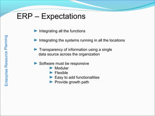 ERP – Expectations
Integrating all the functions
Integrating the systems running in all the locations
Transparency of information using a single
data source across the organization
Software must be responsive
Modular
Flexible
Easy to add functionalities
Provide growth path
EnterpriseResourcePlanning
 
