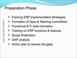 Preparation Phase
 Framing ERP Implementation Strategies
 Formation of Apex & Steering committees
 Functional & IT team formation
 Training on ERP functions & features
 Scope finalization
 GAP analysis
 Action plan to resolve the gaps
Tailor-madeERPsolutions
 