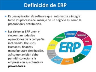 Es una aplicación de software que  automatiza e integra tanto los procesos del manejo de un negocio así como la producción y distribución. ERP