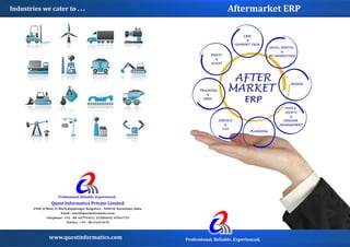 Industries	we	cater	to	.	.	.

Aftermarket	ERP

Professional.	Reliable.	Experienced.

Quest	Informatics	Private	Limited
#960,	II	Main,	IV	Block,Rajajinagar,	Bangalore	-	560010,	Karnataka,	India.
Email	:	sales@questinformatics.com
Telephone	:	+91	-	80	-65791453/	23206669/	65961735
TeleFax	:	+91	-	80-2320	6670

www.questinformatics.com

Professional.	Reliable.	Experienced.

 