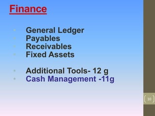 Finance
• General Ledger
• Payables
• Receivables
• Fixed Assets
• Additional Tools- 12 g
• Cash Management -11g
10
 