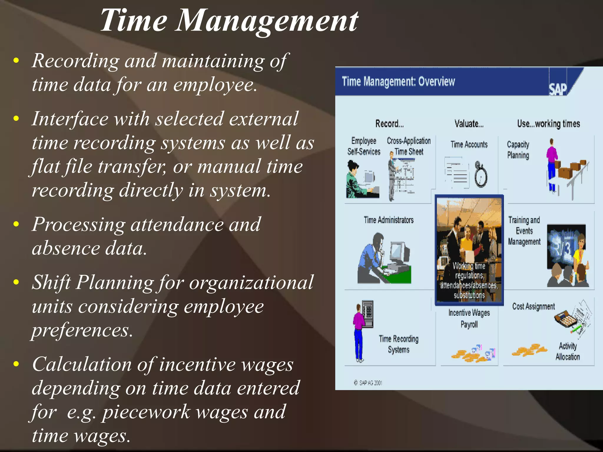 Time Management
• Recording and maintaining of
time data for an employee.
• Interface with selected external
time recording systems as well as
flat file transfer, or manual time
recording directly in system.
• Processing attendance and
absence data.
• Shift Planning for organizational
units considering employee
preferences.
• Calculation of incentive wages
depending on time data entered
for e.g. piecework wages and
time wages.
 