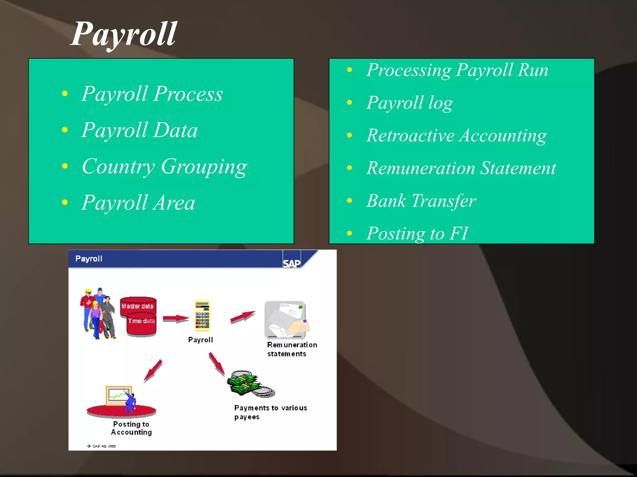 Payroll
• Payroll Process
• Payroll Data
• Country Grouping
• Payroll Area
• Processing Payroll Run
• Payroll log
• Retroactive Accounting
• Remuneration Statement
• Bank Transfer
• Posting to FI
 