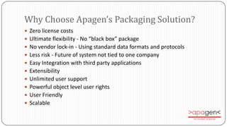 Why Choose Apagen’s Packaging Solution?
 Zero license costs
 Ultimate flexibility - No “black box” package
 No vendor lock-in - Using standard data formats and protocols
 Less risk - Future of system not tied to one company
 Easy Integration with third party applications
 Extensibility
 Unlimited user support
 Powerful object level user rights
 User Friendly
 Scalable
 
