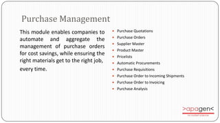 Purchase Management
This module enables companies to         Purchase Quotations
                                         Purchase Orders
automate and aggregate the
                                         Supplier Master
management of purchase orders
                                         Product Master
for cost savings, while ensuring the     Pricelists
right materials get to the right job,    Automatic Procurements
every time.                              Purchase Requisitions
                                         Purchase Order to Incoming Shipments
                                         Purchase Order to Invoicing
                                         Purchase Analysis
 