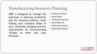 Manufacturing Resource Planning
MRP is designed to manage the        Production Orders

processes in planning production     Work Orders

jobs for standard products, while    Production Planning
                                     Bill of Materials
helping your company adapt to
                                     Production Routing
your constantly changing business
                                     Work Order Analysis
requirements by recommending
changes to meet new sales
forecasts.
 