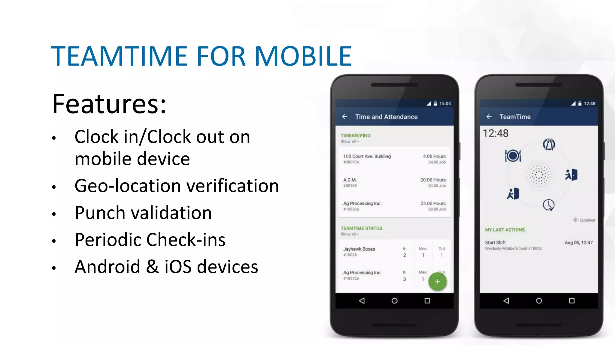 Features:
• Clock in/Clock out on
mobile device
• Geo-location verification
• Punch validation
• Periodic Check-ins
• Android & iOS devices
TEAMTIME FOR MOBILE
 