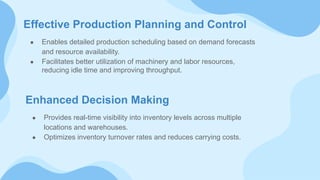 Effective Production Planning and Control
● Enables detailed production scheduling based on demand forecasts
and resource availability.
● Facilitates better utilization of machinery and labor resources,
reducing idle time and improving throughput.
Enhanced Decision Making
● Provides real-time visibility into inventory levels across multiple
locations and warehouses.
● Optimizes inventory turnover rates and reduces carrying costs.
 