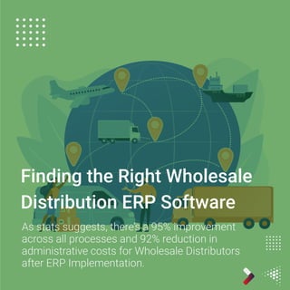 Finding the Right Wholesale
Distribution ERP Software
As stats suggests, there’s a 95% improvement
across all processes and 92% reduction in
administrative costs for Wholesale Distributors
after ERP Implementation.
 