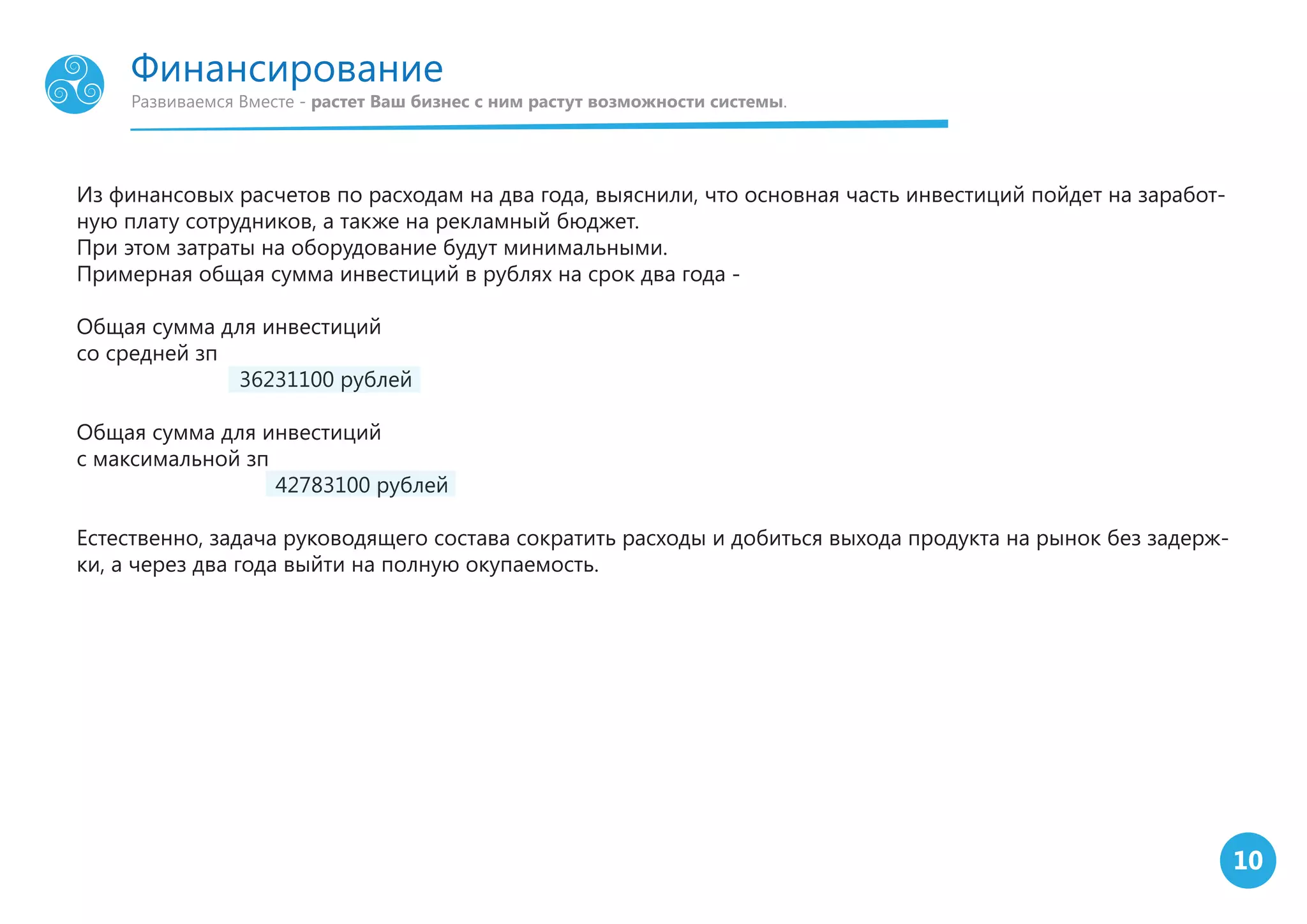 10
Из финансовых расчетов по расходам на два года, выяснили, что основная часть инвестиций пойдет на заработ-
ную плату сотрудников, а также на рекламный бюджет.
При этом затраты на оборудование будут минимальными.
Примерная общая сумма инвестиций в рублях на срок два года -
Общая сумма для инвестиций
со средней зп
36231100 рублей
Общая сумма для инвестиций
с максимальной зп
42783100 рублей
Естественно, задача руководящего состава сократить расходы и добиться выхода продукта на рынок без задерж-
ки, а через два года выйти на полную окупаемость.
Развиваемся Вместе - растет Ваш бизнес с ним растут возможности системы.
Финансирование
 