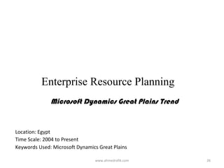 Enterprise Resource Planning
              Microsoft Dynamics Great Plains Trend


Location: Egypt
Time Scale: 2004 to Present
Keywords Used: Microsoft Dynamics Great Plains

                                www.ahmedrafik.com    26
 