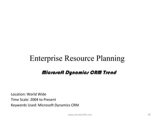 Enterprise Resource Planning
                Microsoft Dynamics CRM Trend


Location: World Wide
Time Scale: 2004 to Present
Keywords Used: Microsoft Dynamics CRM

                               www.ahmedrafik.com   28
 