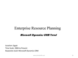 Enterprise Resource Planning
                Microsoft Dynamics CRM Trend


Location: Egypt
Time Scale: 2004 to Present
Keywords Used: Microsoft Dynamics CRM

                               www.ahmedrafik.com   30
 