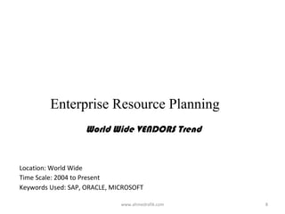 Enterprise Resource Planning
                   World Wide VENDORS Trend


Location: World Wide
Time Scale: 2004 to Present
Keywords Used: SAP, ORACLE, MICROSOFT

                              www.ahmedrafik.com   8
 