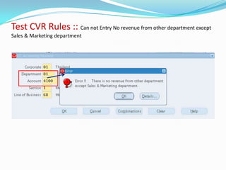 Test CVR Rules :: Can not Entry No revenue from other department except
Sales & Marketing department
 