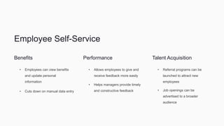 Employee Self-Service
Benefits
• Employees can view benefits
and update personal
information
• Cuts down on manual data entry
Performance
• Allows employees to give and
receive feedback more easily
• Helps managers provide timely
and constructive feedback
Talent Acquisition
• Referral programs can be
launched to attract new
employees
• Job openings can be
advertised to a broader
audience
 