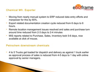 Chemical Mfr. Exporter
 Moving from nearly manual system to ERP reduced data entry efforts and
manpower for this by 60%.
 Export related documentation creation cycle reduced from 6 days to 6
hours.
 Remote location management issues resolved and sales and purchase turn
around time reduced from 2-3 days to 2-4 minutes
 MIS reports related to Purchase, Sales, Inventory took 5-6 days, now
available at click of mouse.
Petrochem downstream chemicals
 4 to 5 Trucks get loaded for dispatch and delivery as against 1 truck earlier
as approval process of sales is reduced from 4-5 days to 1 day with online
approval by senior managers.
 