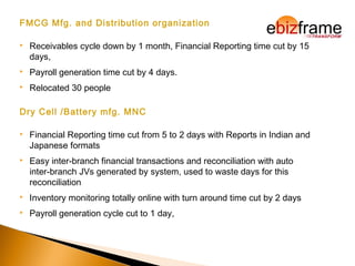 FMCG Mfg. and Distribution organization
 Receivables cycle down by 1 month, Financial Reporting time cut by 15
days,
 Payroll generation time cut by 4 days.
 Relocated 30 people
Dry Cell /Battery mfg. MNC
 Financial Reporting time cut from 5 to 2 days with Reports in Indian and
Japanese formats
 Easy inter-branch financial transactions and reconciliation with auto
inter-branch JVs generated by system, used to waste days for this
reconciliation
 Inventory monitoring totally online with turn around time cut by 2 days
 Payroll generation cycle cut to 1 day,
 