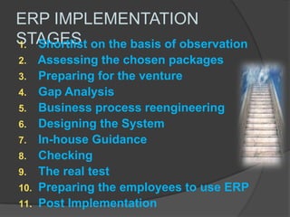 Eventually necessitate significant changes on staff and work processes. INTRODUCTION TO ERP SYSTEMS AND IMPLEMENTATIONFirms implement ERP mainly for following reasons :1.Integrate Financial Information	2.Integrate Customer Order Information	3.Standardise and speed up     manufacturing processes	4.Reduce inventory	5.Standardise HR information 