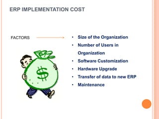 ERP IMPLEMENTATION COST




FACTORS            • Size of the Organization
                   • Number of Users in
                     Organization
                   • Software Customization
                   • Hardware Upgrade
                   • Transfer of data to new ERP
                   • Maintenance
 