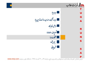 ‫ﭘﻴﺎﺩﻩ‬ ‫ﺗﺠﺮﺑﻴﺎﺕ‬ ‫ﻫﻤﺎﻳﺶ‬ ‫ﺩﻭﻣﻴﻦ‬‫ﺳﻴﺴﺘﻢ‬ ‫ﺳﺎﺯﻱ‬‫ﺑﺮﻧﺎﻣﻪ‬ ‫ﻫﺎﻱ‬‫ﺳﺎﺯﻣﺎﻥ‬ ‫ﻣﻨﺎﺑﻊ‬ ‫ﺭﻳﺰﻱ‬-۲۹‫ﻭ‬۳۰‫ﻣﺎﻩ‬ ‫ﺁﺑﺎﻥ‬۱۳۸۶-‫ﺻﻨﻌﺖ‬ ‫ﻭ‬ ‫ﻋﻠﻢ‬ ‫ﺩﺍﻧﺸﮕﺎﻩ‬www.irerp.com
‫ﺎ‬‫ﻄ‬ ‫ﺖ‬
¢‫ﺎ‬‫ﻨ‬ ‫ﻮر‬‫ﺖ‬ ‫ﺎ‬‫ﺳ‬‫و‬‫ﯽ‬ ‫ﻨﺪ‬ ‫ﺮ‬ ‫ﺎره‬‫ﺑ‬
¢‫ﺎر‬‫ﮐ‬‫ﺎم‬‫ﺠ‬ ‫ا‬‫ﻞ‬ ‫ا‬
¢‫ا‬‫ﻼت‬‫ا‬ ‫ﮑ‬
¢
¢‫ﺎ‬‫ﻨ‬ ‫ﺎره‬‫ﺑ‬
¢‫ﺎد‬‫ﮫ‬ ‫ﻨﺪ‬
¢‫ﺎﯽ‬‫ﯾ‬‫ﺎ‬‫ﭘ‬‫ﻦ‬
T
U
G
A
R
U
N
S
S
A
P
¢‫ﻒ‬ERP
 