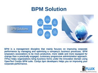 BPM Solution
BPM is a management discipline that mainly focuses on improving corporateBPM is a management discipline that mainly focuses on improving corporate
performance by managing and optimising a company's business processes. BPMperformance by managing and optimising a company's business processes. BPM
empowers associations to be more productive, more viable and more equipped forempowers associations to be more productive, more viable and more equipped for
change than a practically engaged, customary progressive administration approach.change than a practically engaged, customary progressive administration approach.
ITFlux helps organizations bring business forms under the innovation domain usingITFlux helps organizations bring business forms under the innovation domain using
OpenText Cordys BPM suite. Cordys bpm developers Helps you on improving yourOpenText Cordys BPM suite. Cordys bpm developers Helps you on improving your
corporate performance.corporate performance.
 