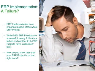 ERP Implementation:
A Failure?
• ERP Implementation is an
important aspect of the whole
ERP Project.
• While 58% ERP Projects are
successful, nearly 21% are a
failure and another 21% ERP
Projects have ‘undecided’
fate.
• How do you know then that
your ERP Project is on the
right track?
 