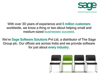 With over 30 years of experience and 6 million customers
worldwide, we know a thing or two about helping small and
medium-sized businesses succeed.
We’re Sage Software Solutions Pvt Ltd, a distributor of The Sage
Group plc. Our offices are across India and we provide software
for just about every industry.
 