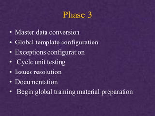 Phase 3
• Master data conversion
• Global template configuration
• Exceptions configuration
• Cycle unit testing
• Issues resolution
• Documentation
• Begin global training material preparation
 
