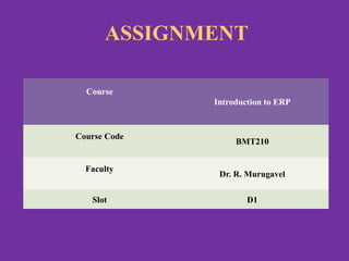 ASSIGNMENT
Course
Introduction to ERP
Course Code
BMT210
Faculty
Dr. R. Murugavel
Slot D1
 