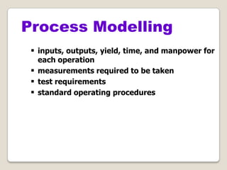  inputs, outputs, yield, time, and manpower for
each operation
 measurements required to be taken
 test requirements
 standard operating procedures
Process Modelling
 