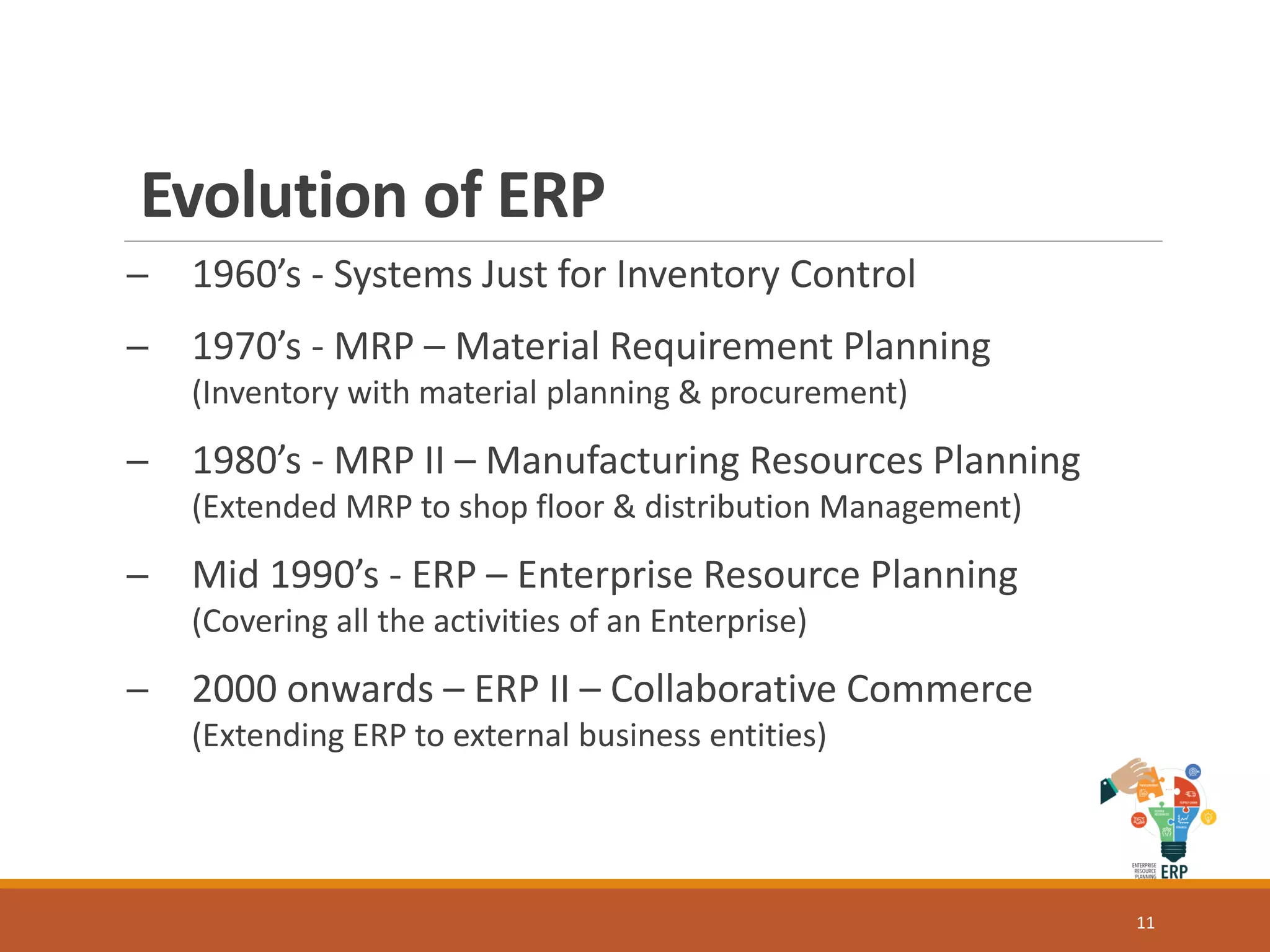 Evolution of ERP
─ 1960’s - Systems Just for Inventory Control
─ 1970’s - MRP – Material Requirement Planning
(Inventory with material planning & procurement)
─ 1980’s - MRP II – Manufacturing Resources Planning
(Extended MRP to shop floor & distribution Management)
─ Mid 1990’s - ERP – Enterprise Resource Planning
(Covering all the activities of an Enterprise)
─ 2000 onwards – ERP II – Collaborative Commerce
(Extending ERP to external business entities)
11
 