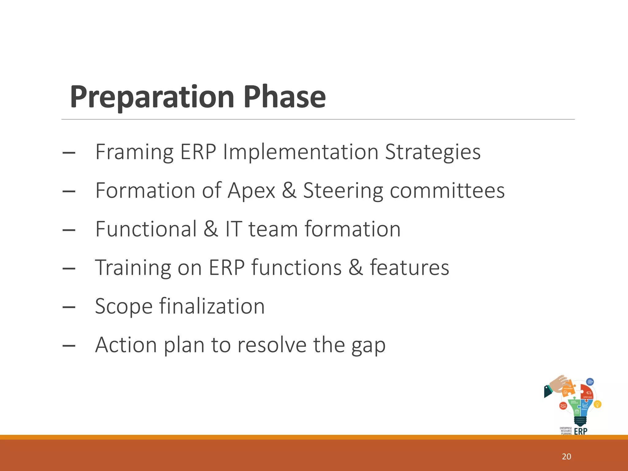 Preparation Phase
─ Framing ERP Implementation Strategies
─ Formation of Apex & Steering committees
─ Functional & IT team formation
─ Training on ERP functions & features
─ Scope finalization
─ Action plan to resolve the gap
20
 