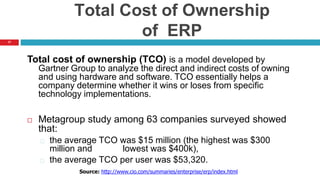 17
Total Cost of Ownership
of ERP
Total cost of ownership (TCO) is a model developed by
Gartner Group to analyze the direct and indirect costs of owning
and using hardware and software. TCO essentially helps a
company determine whether it wins or loses from specific
technology implementations.
 Metagroup study among 63 companies surveyed showed
that:
the average TCO was $15 million (the highest was $300
million and lowest was $400k),
the average TCO per user was $53,320.
Source: http://www.cio.com/summaries/enterprise/erp/index.html
 
