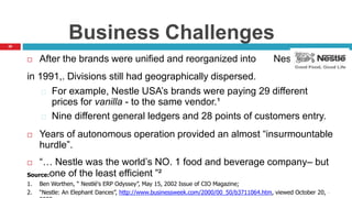 29
Business Challenges
tle USA
 After the brands were unified and reorganized into Nes
in 1991,. Divisions still had geographically dispersed.
For example, Nestle USA’s brands were paying 29 different
prices for vanilla - to the same vendor.¹
Nine different general ledgers and 28 points of customers entry.
 Years of autonomous operation provided an almost “insurmountable
hurdle”.
 “… Nestle was the world’s NO. 1 food and beverage company– but
Source:one of the least efficient ”²
1. Ben Worthen, “ Nestlé's ERP Odyssey”, May 15, 2002 Issue of CIO Magazine;
2. “Nestle: An Elephant Dances”, http://www.businessweek.com/2000/00_50/b3711064.htm, viewed October 20,
 