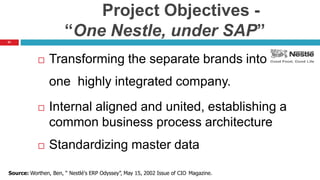 31
Project Objectives -
“One Nestle, under SAP”
 Transforming the separate brands into
one highly integrated company.
 Internal aligned and united, establishing a
common business process architecture
 Standardizing master data
Source: Worthen, Ben, “ Nestlé's ERP Odyssey”, May 15, 2002 Issue of CIO Magazine.
 