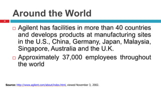 38
Around the World
 Agilent has facilities in more than 40 countries
and develops products at manufacturing sites
in the U.S., China, Germany, Japan, Malaysia,
Singapore, Australia and the U.K.
 Approximately 37,000 employees throughout
the world
Source: http://www.agilent.com/about/index.html, viewed November 3, 2002.
 