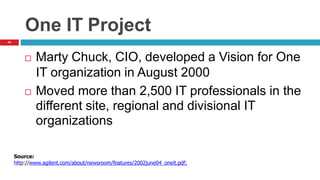 44
One IT Project
 Marty Chuck, CIO, developed a Vision for One
IT organization in August 2000
 Moved more than 2,500 IT professionals in the
different site, regional and divisional IT
organizations
Source:
http://www.agilent.com/about/newsroom/features/2002june04_oneit.pdf;
 