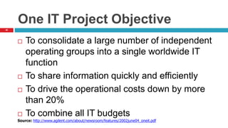 45
One IT Project Objective
 To consolidate a large number of independent
operating groups into a single worldwide IT
function
 To share information quickly and efficiently
 To drive the operational costs down by more
than 20%
 To combine all IT budgets
Source: http://www.agilent.com/about/newsroom/features/2002june04_oneit.pdf
 