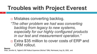 52
Troubles with Project Everest
 Mistakes converting backlog.
“The other problem we had was converting
backlog from legacy to new systems,
especially for our highly configured products
in our test and measurement operation.”
 Extra $35 million to cover costs of ERP and
CRM rollout.
Source:
Shah, Jennifer B., “Agilent’s ERP Rollout Expensive Glitches” EBN; Manhasset, Aug 26, 2002, and
 