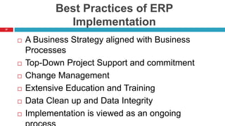 57
Best Practices of ERP
Implementation
 A Business Strategy aligned with Business
Processes
 Top-Down Project Support and commitment
 Change Management
 Extensive Education and Training
 Data Clean up and Data Integrity
 Implementation is viewed as an ongoing
 