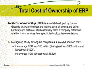 17
Total Cost of Ownership of ERP
Total cost of ownership (TCO) is a model developed by Gartner
Group to analyze the direct and indirect costs of owning and using
hardware and software. TCO essentially helps a company determine
whether it wins or loses from specific technology implementations.
Metagroup study among 63 companies surveyed showed that:
– the average TCO was $15 million (the highest was $300 million and
lowest was $400k),
– the average TCO per user was $53,320.
Source: http://www.cio.com/summaries/enterprise/erp/index.html, viewed September 19, 2002.
 
