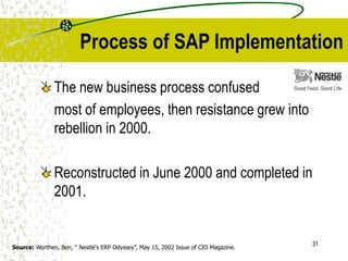 31
Process of SAP Implementation
The new business process confused
most of employees, then resistance grew into
rebellion in 2000.
Reconstructed in June 2000 and completed in
2001.
Source: Worthen, Ben, “ Nestlé's ERP Odyssey”, May 15, 2002 Issue of CIO Magazine.
 