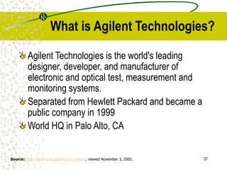 37
What is Agilent Technologies?
Agilent Technologies is the world's leading
designer, developer, and manufacturer of
electronic and optical test, measurement and
monitoring systems.
Separated from Hewlett Packard and became a
public company in 1999
World HQ in Palo Alto, CA
Source: http://we.home.agilent.com,viewed, viewed November 3, 2002.
 