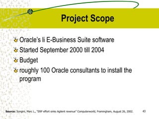 43
Project Scope
Oracle’s li E-Business Suite software
Started September 2000 till 2004
Budget
roughly 100 Oracle consultants to install the
program
Source: Songini, Marc L., “ERP effort sinks Agilent revenue” Computerworld, Framingham, August 26, 2002.
 