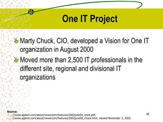46
One IT Project
Marty Chuck, CIO, developed a Vision for One IT
organization in August 2000
Moved more than 2,500 IT professionals in the
different site, regional and divisional IT
organizations
Source:
http://www.agilent.com/about/newsroom/features/2002june04_oneit.pdf;
http://www.agilent.com/about/newsroom/features/2002june08_chuck.html, viewed November 3, 2002.
 