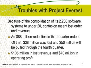 52
Troubles with Project Everest
Because of the consolidation of its 2,200 software
systems to under 20, confusion meant lost order
and revenue.
An $88 million reduction in third-quarter orders
Of that, $38 million was lost and $50 million will
be pulled through the fourth quarter.
$105 million in lost revenue and $70 million in
operating profit
Source: Shah, Jennifer B., “Agilent’s ERP Rollout Expensive Glitches” EBN; Manhasset, August 26, 2002.
 