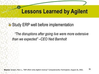 56
Lessons Learned by Agilent
Study ERP well before implementation
“The disruptions after going live were more extensive
than we expected” –CEO Ned Barnholt
Source: Songini, Marc L., “ERP effort sinks Agilent revenue” Computerworld, Framingham, August 26, 2002.
 