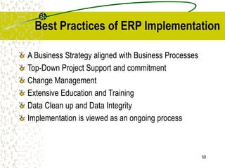 59
Best Practices of ERP Implementation
A Business Strategy aligned with Business Processes
Top-Down Project Support and commitment
Change Management
Extensive Education and Training
Data Clean up and Data Integrity
Implementation is viewed as an ongoing process
 