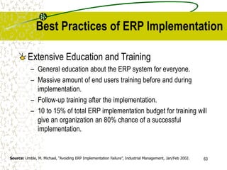 63
Best Practices of ERP Implementation
Extensive Education and Training
– General education about the ERP system for everyone.
– Massive amount of end users training before and during
implementation.
– Follow-up training after the implementation.
– 10 to 15% of total ERP implementation budget for training will
give an organization an 80% chance of a successful
implementation.
Source: Umble, M. Michael, “Avoiding ERP Implementation Failure”, Industrial Management, Jan/Feb 2002.
 
